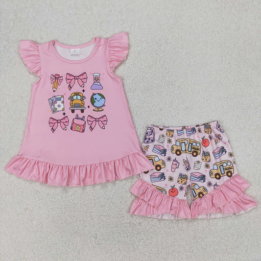 GSSO1910 Bows Pen Bus Pink Top Ruffle Shorts Girls Back to School Clothes Set