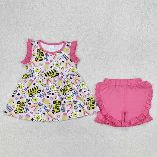 Baby Girls Bus Back To School Tunic Ruffle Shorts Clothes Sets