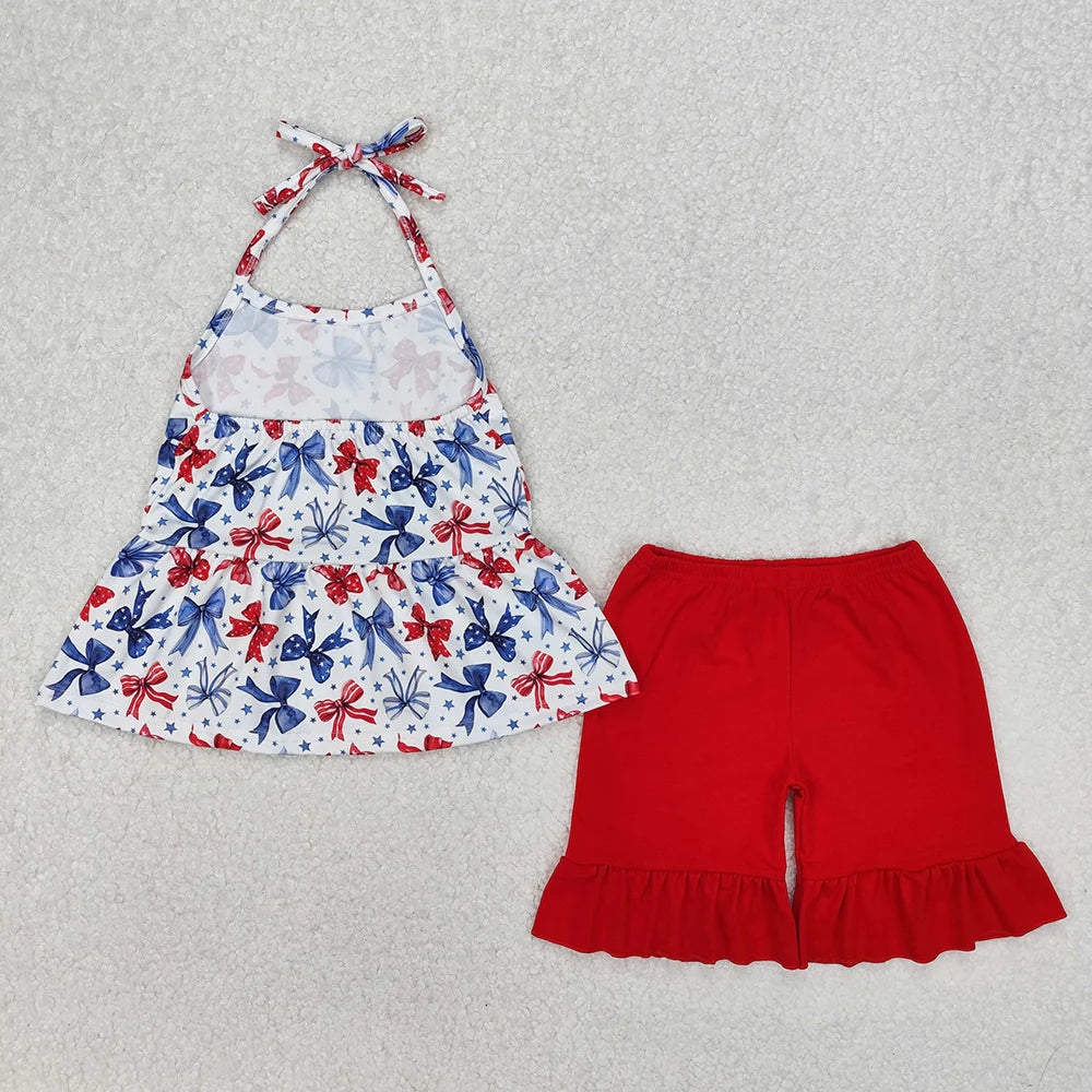Sibling Baby Girls 4th of July Bows Halter Shorts Set Rompers