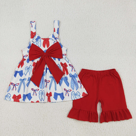 GSSO1952 Bows Strap Tunic Top Red Shorts Baby Girls 4th of July Clothes Set
