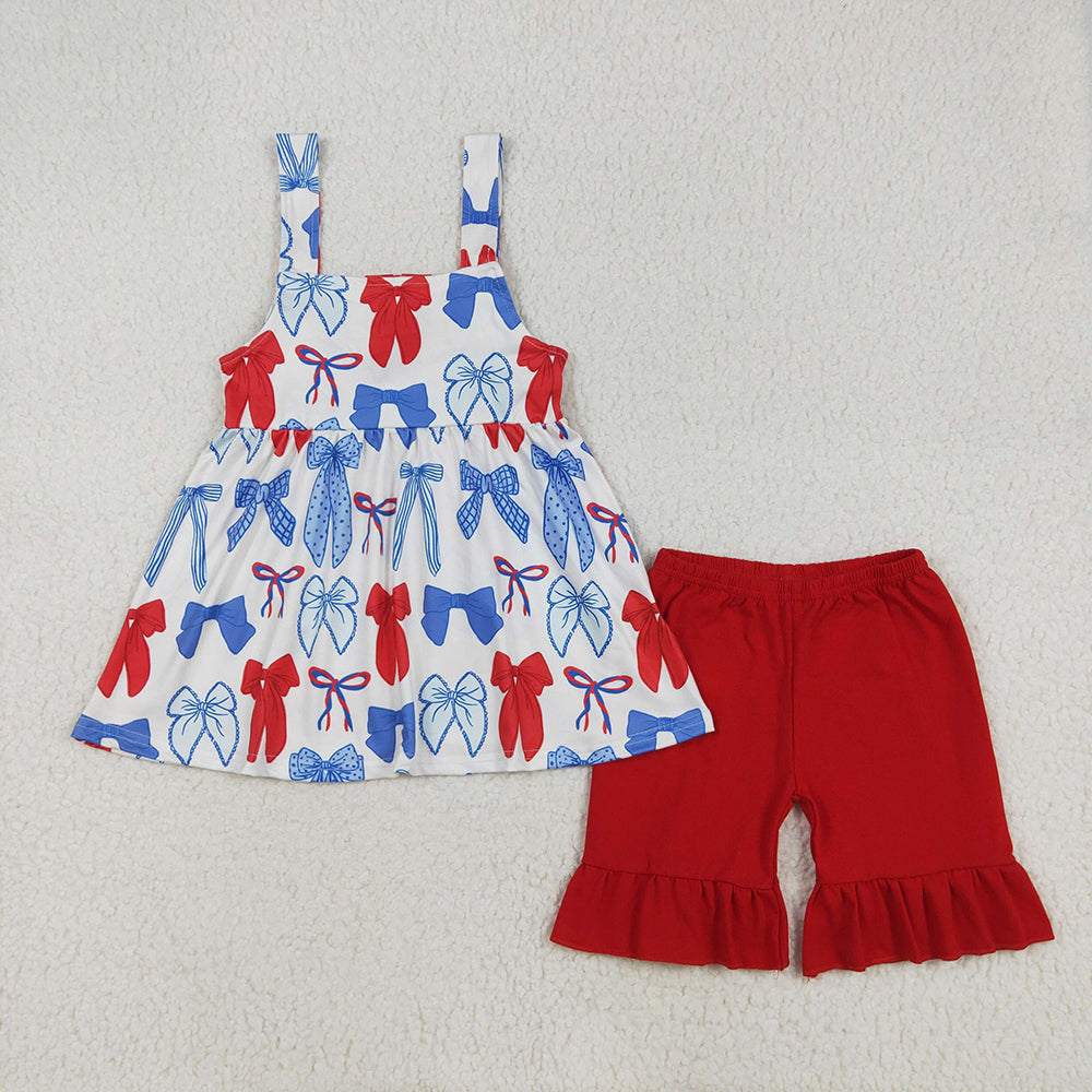 GSSO1952 Bows Strap Tunic Top Red Shorts Baby Girls 4th of July Clothes Set