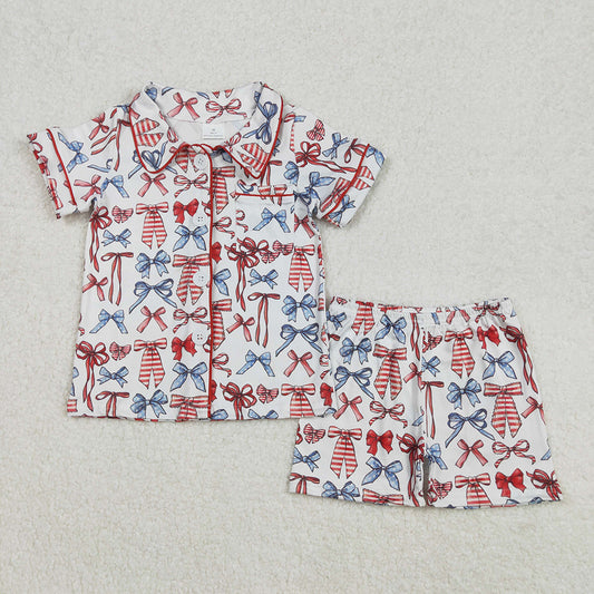 GSSO1966 Bows Pocket Top Shorts Baby Girls 4th of July Button Pajamas Clothes Sets