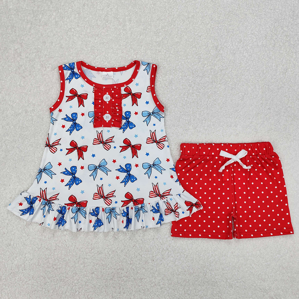 GSSO1991 Stars Bows Sleeveless Tunic Top Red Dots Shorts Baby Girls 4th of July Clothes Set
