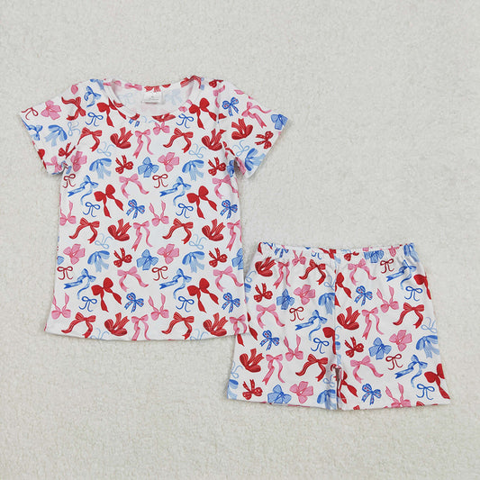 GSSO1992 Bows Print Shorts Baby Girls 4th of July Clothes Sets