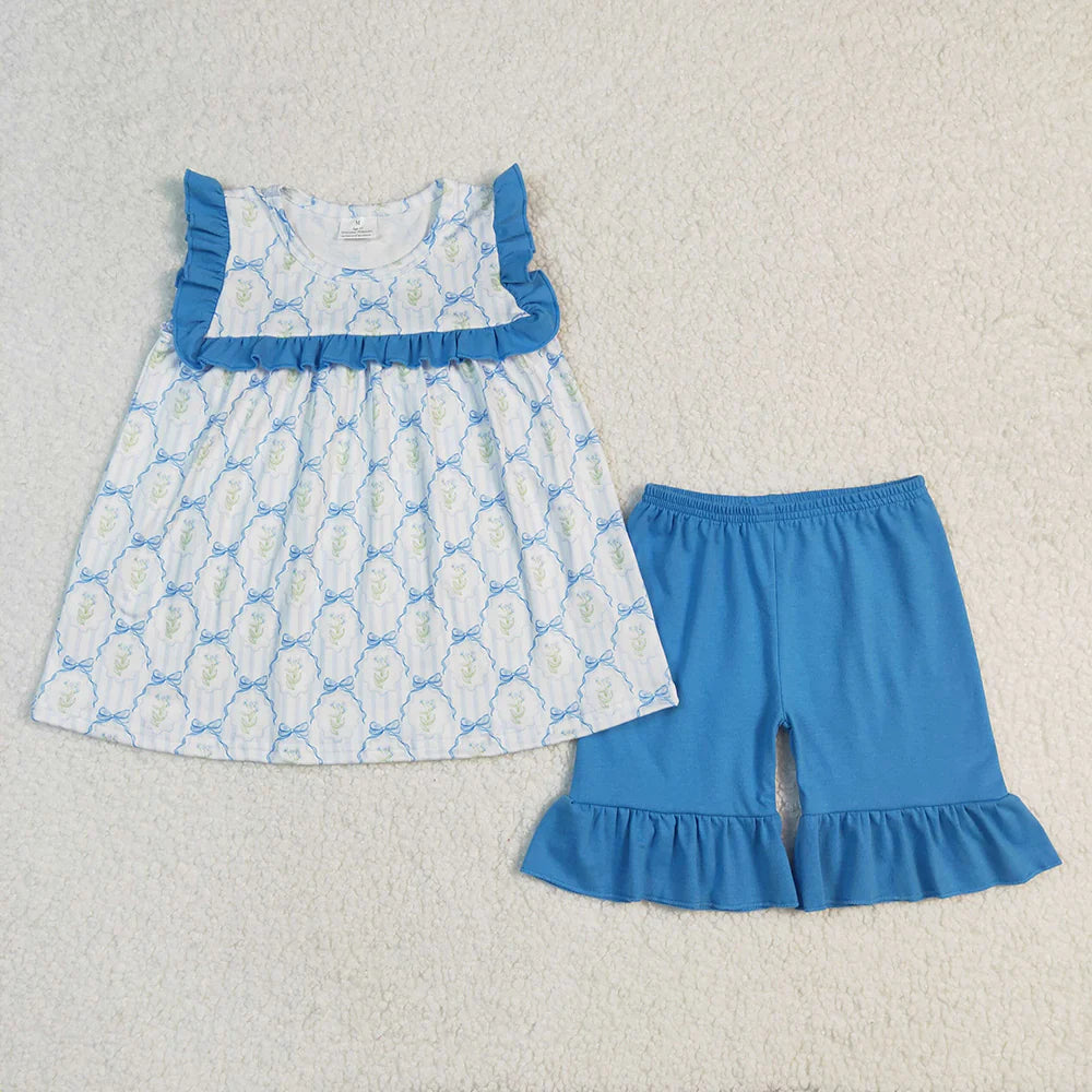 Sibling Baby Girls Blue Bows Flowers Rompers Dresses Clothes Sets