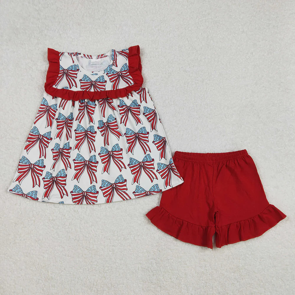 Sibling Baby Girls 4th Of July Coquette Bows Rompers Sets