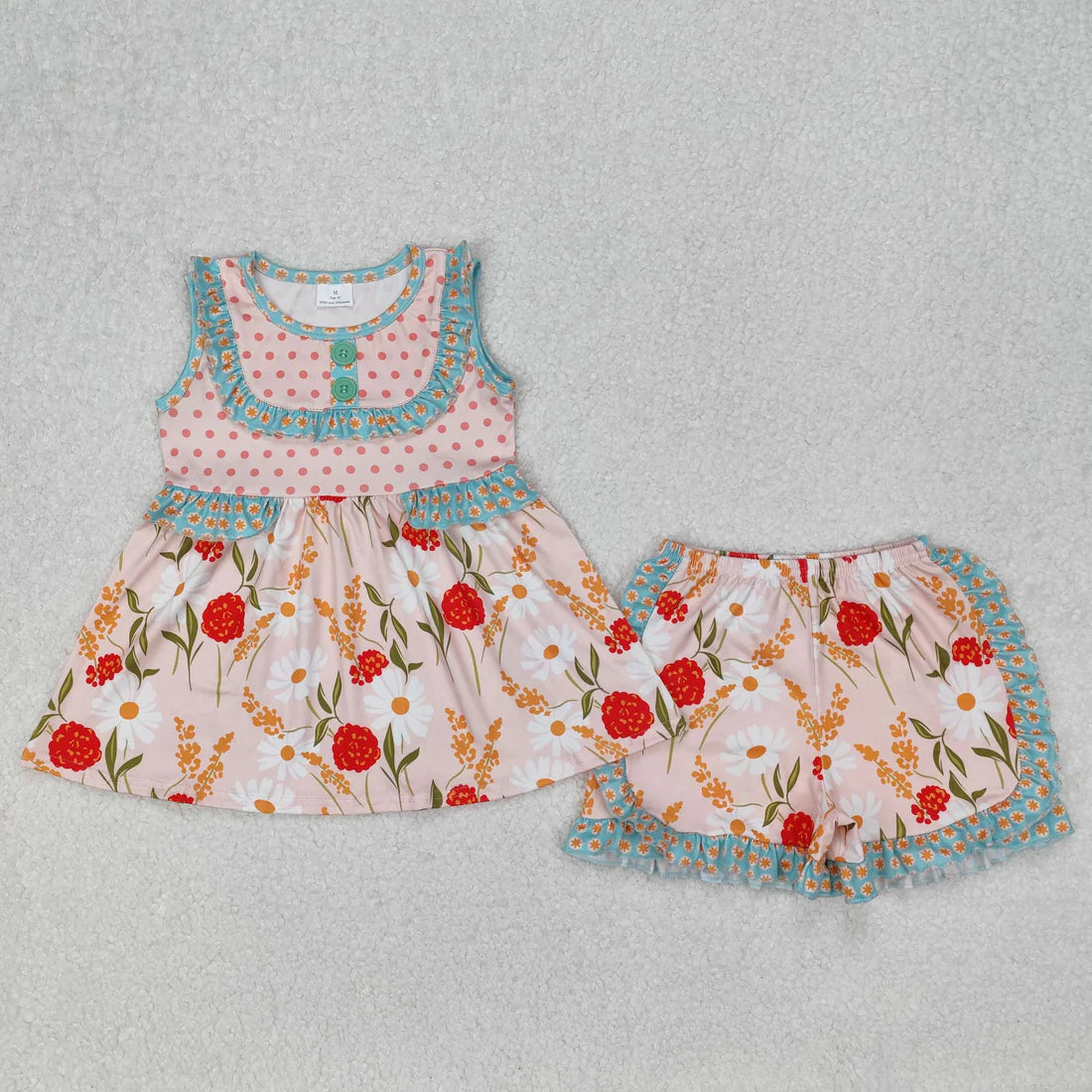 Sibling Baby Girls Sleeveless Bows Floral Button Tunic Ruffle Shorts Set