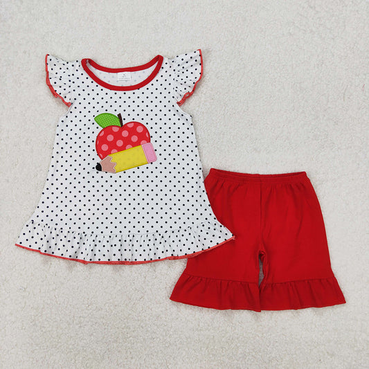 GSSO2071 Apple Pen Embroidery Dots Top Red Shorts Girls Back to School Clothes Set