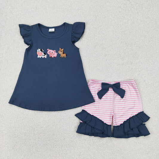Sibling Embroidery Boys Baby Girls Blue Farm Animals Summer Outfit