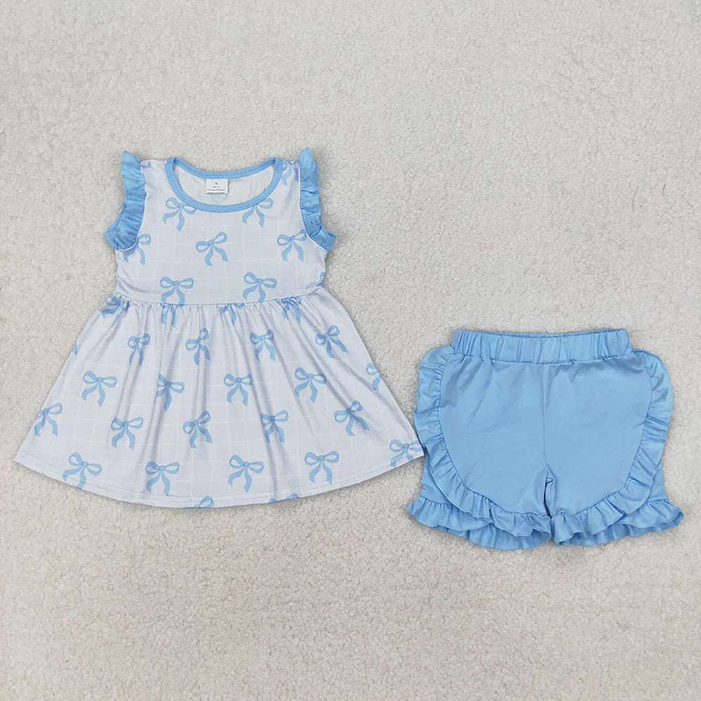 Baby Girls Blue Bows Sleeveless Tunic Ruffle Shorts Clothes Sets