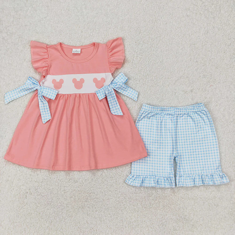 Baby Girls Pink Cartoon Mouse Bows Top Ruffle Shorts Clothes Sets