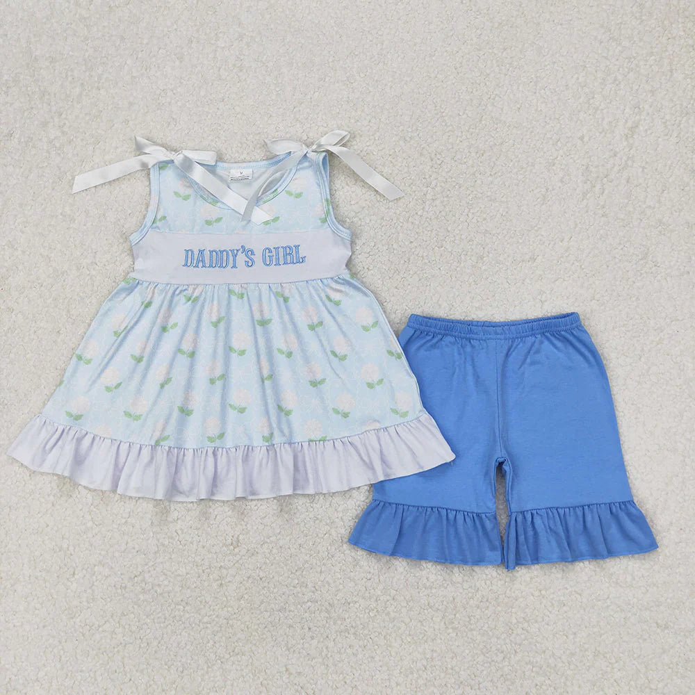 Sibling Baby Girls Embroidery I Love Dad Top Ruffle Shorts Clothes Set