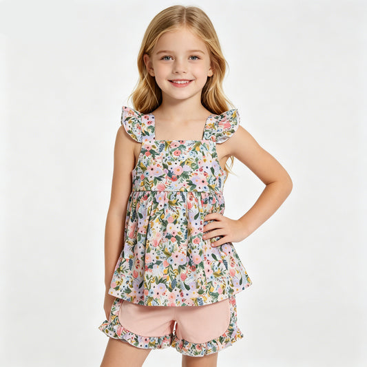 GSSO2180 Baby Girls Colorful Flowers Tunic Top Ruffle Pink Shorts Clothes Sets
