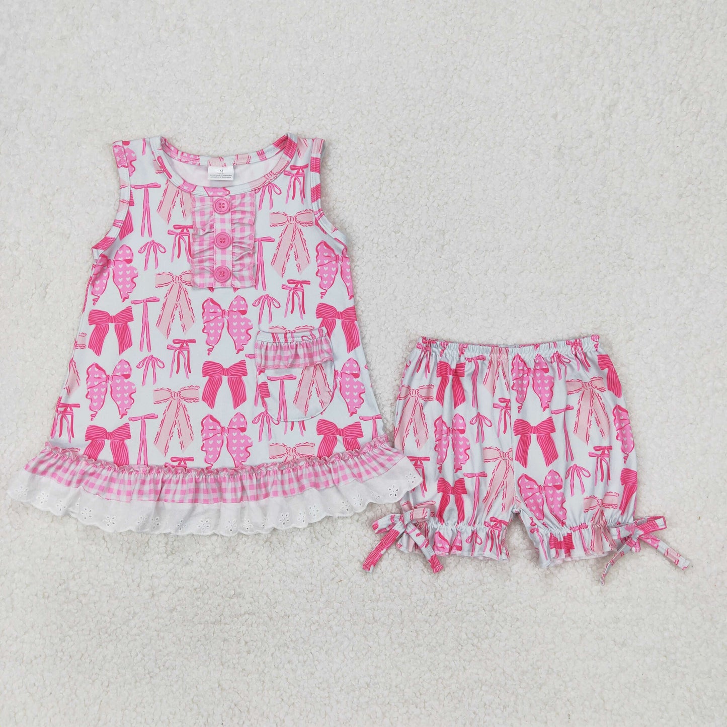 Toddler Girl Sibling Pink Bow Print  Outfit +Short Sleeve Zipper Romper