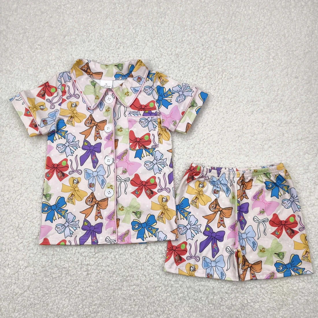 Sibling Baby Girls Colorful Bows Buttons Shirt Shorts Pajamas Outfit
