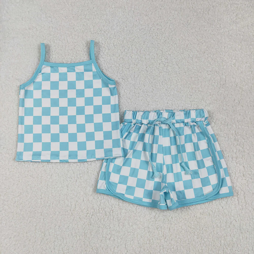 Sibling 4 Colors Baby Girls Strap Plaid Top Short Sports Sets
