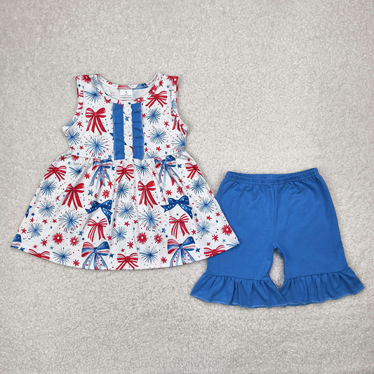 GSSO2346 Bows Stars Fireworks Tunic Top Blue Shorts Baby Girls 4th of July Clothes Sets