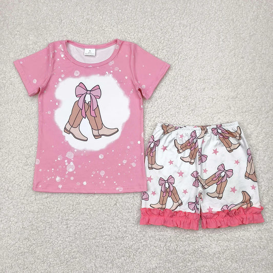 Baby Girls Western Pink Bow Boots Top Ruffle Shorts Sets