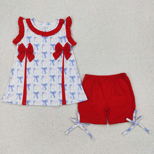 GSSO2373 Flag Bows Ruffle Tunic Top Red Shorts Baby Girls 4th of July Clothes Sets