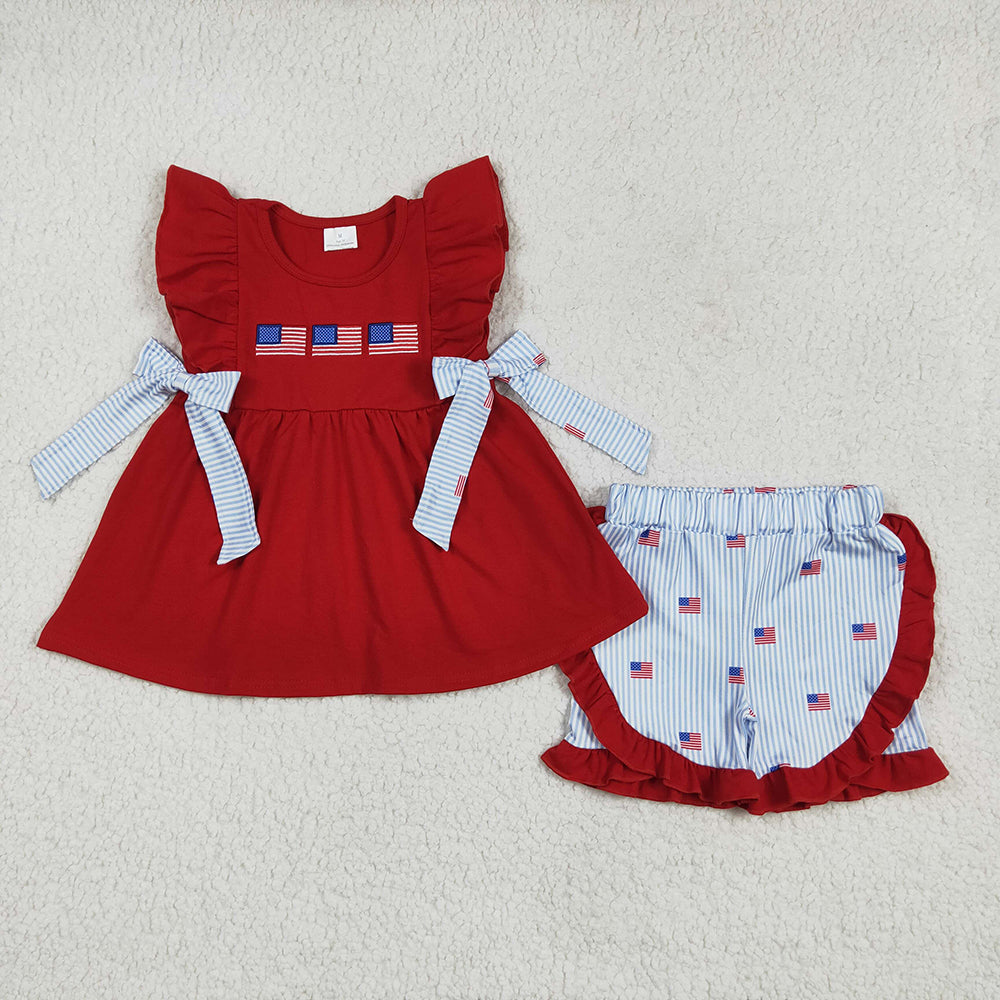 GSSO2375 Flag Embroidery Red Tunic Top Ruffle Shorts Baby Girls 4th of July Clothes Sets