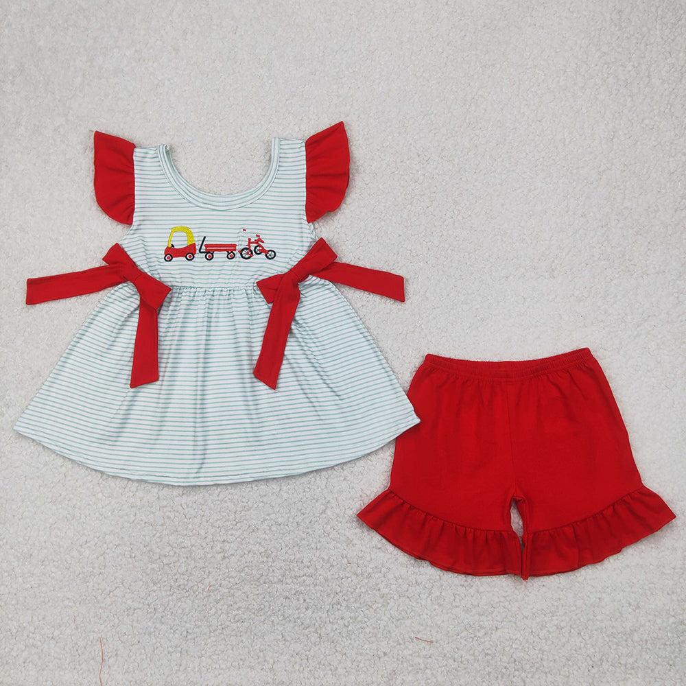 GSSO2404  Baby Bike Embroidery Stripes Tunic Top Red Shorts Girls Summer Clothes Set