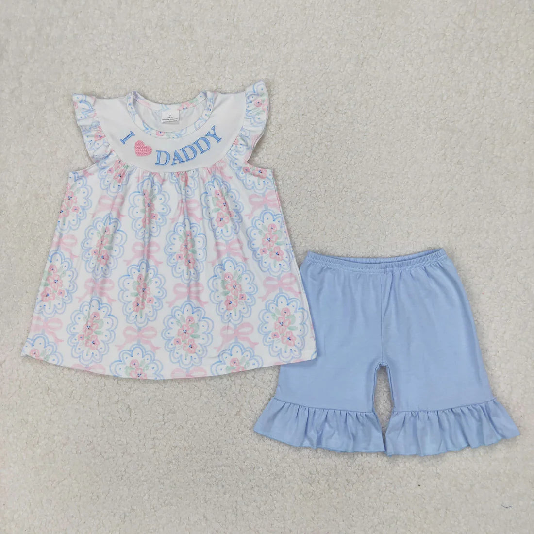 Sibling Baby Girls Embroidery I Love Dad Top Ruffle Shorts Clothes Set