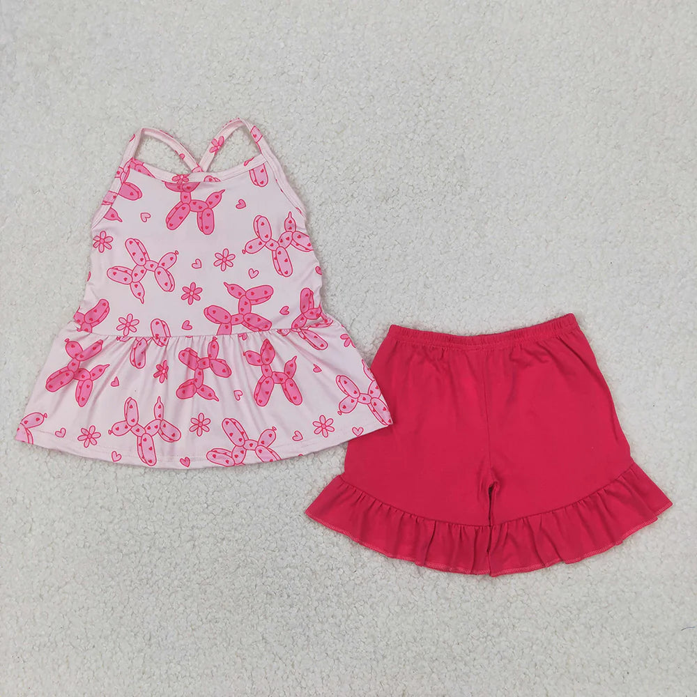Baby Girls Pink Strap Flowers Hearts Dogs Top Ruffle Shorts Sets