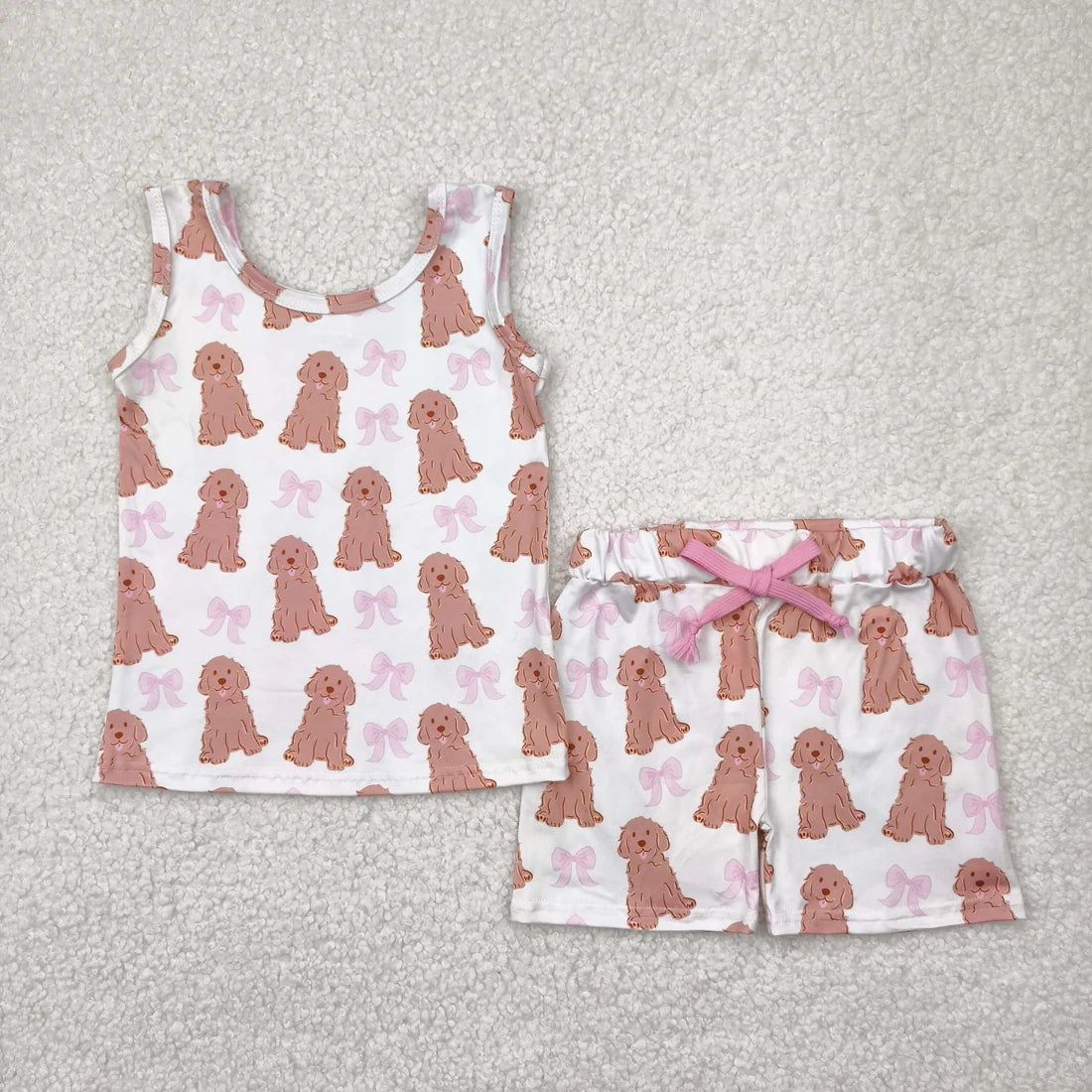 Sibling Baby Girls Sleeveless Bows Dogs Flowers Top Short With Belt Sets