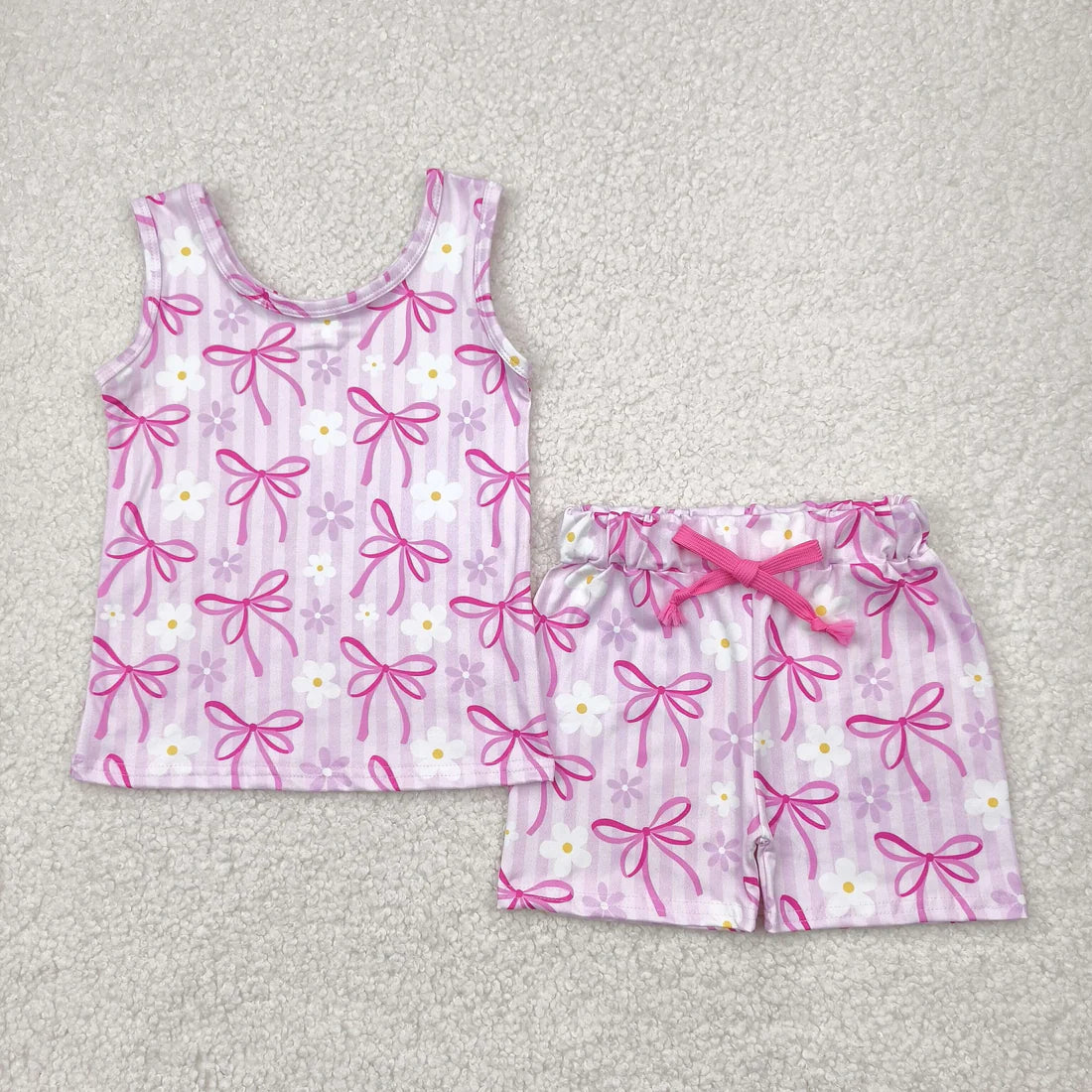 Sibling Baby Girls Sleeveless Bows Dogs Flowers Top Short With Belt Sets