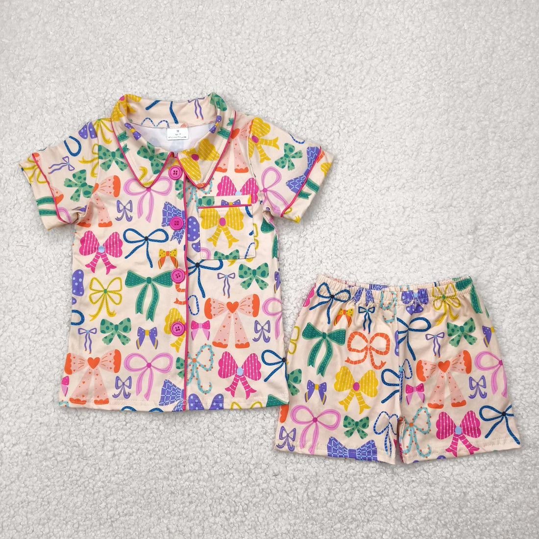 Sibling Baby Girls Colorful Bows Buttons Shirt Shorts Pajamas Outfit