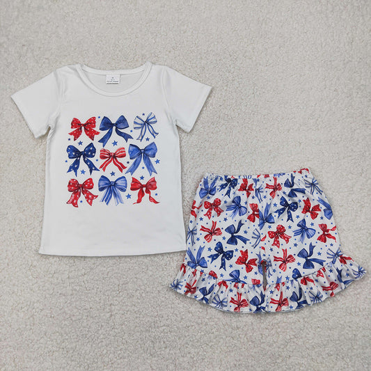 GSSO2512 Stars Bows White Top Ruffle Shorts Baby Girls 4th of July Clothes Sets