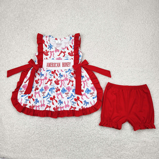 GSSO2538 AMERICAN HONEY Bows Tunic Top Red Shorts Baby Girls 4th of July Clothes Sets