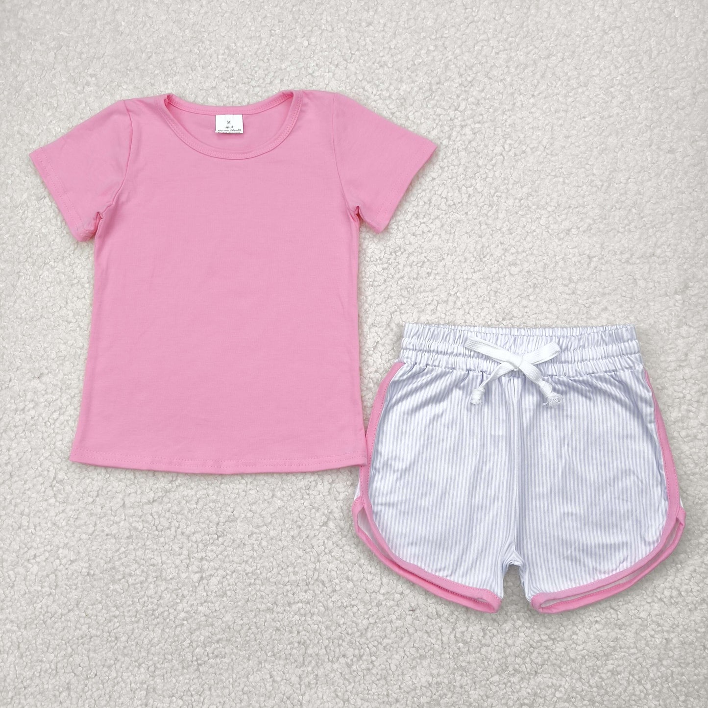 Sibling Toddler Girls & Boys Solid Color Short Sleeve Top with Striped Shorts Outfit