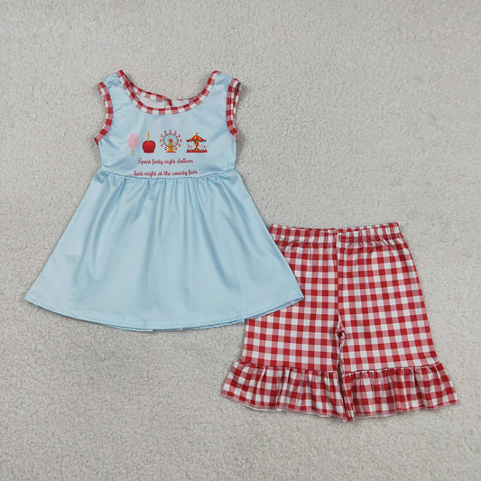 GSSO2544 County Fair Blue Tunic Top Red Plaid Shorts Girls Summer Clothes Set