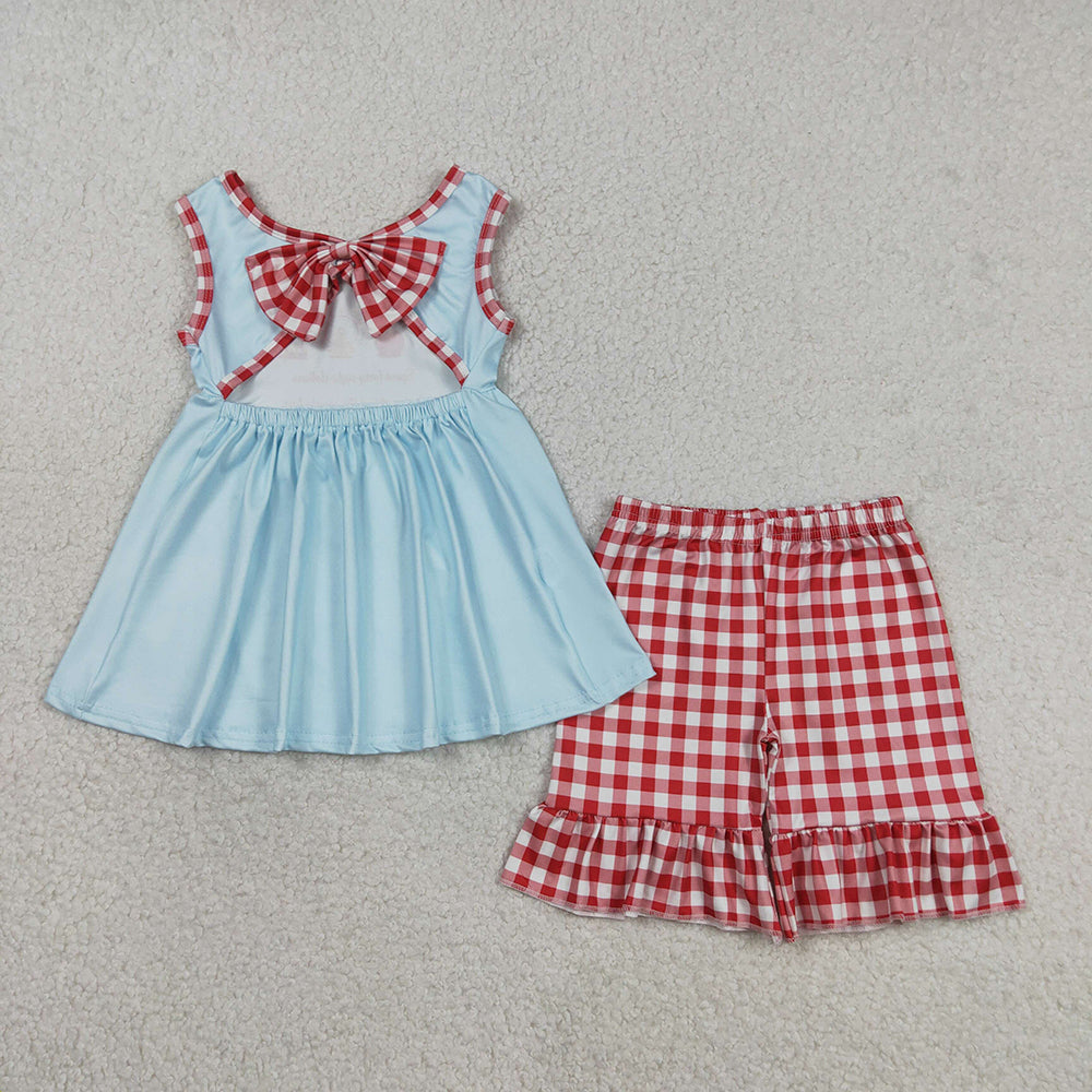 GSSO2544 County Fair Blue Tunic Top Red Plaid Shorts Girls Summer Clothes Set