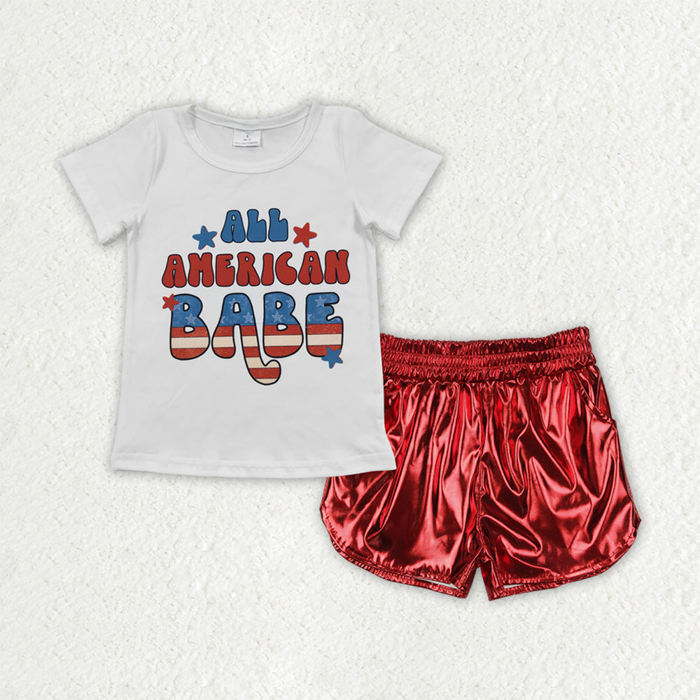 GSSO2546 ALL AMERICA BABE Top Red Leather Metallic Shorts Baby Girls 4th of July Clothes Set