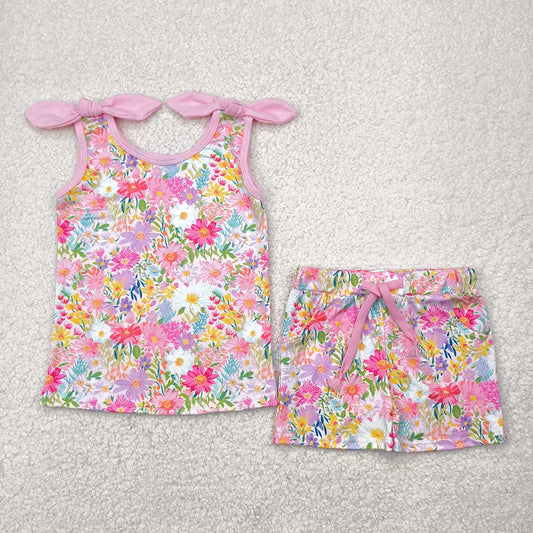 Baby Girls Pink Bows Strap Floral Top Pockets Shorts Sets