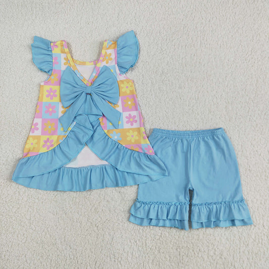 GSSO2623  Colorful Flowers Plaid Backless Top Blue Ruffle Shorts Girls Summer Clothes Set
