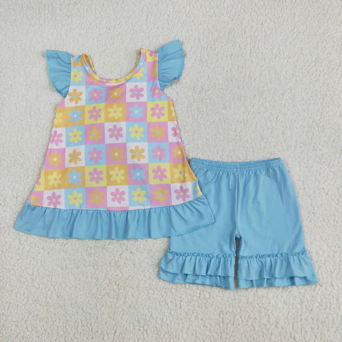 Sibling Baby Girls Flowers Checked Flutter Sleeve Back Bows Tunic Ruffle Shorts Clothes Sets