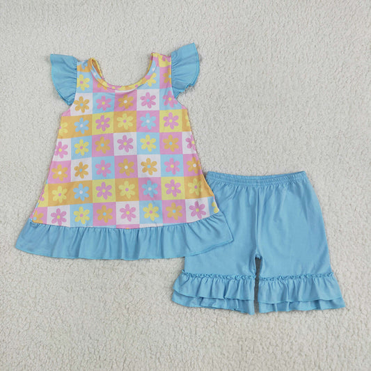 GSSO2623  Colorful Flowers Plaid Backless Top Blue Ruffle Shorts Girls Summer Clothes Set