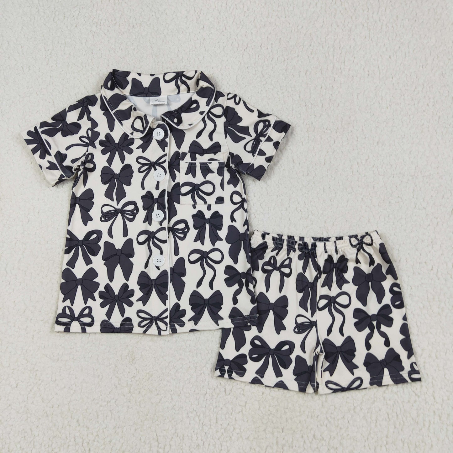 Mama and Me Colorful Bows Pocket Button Top Shorts Pajamas Sets