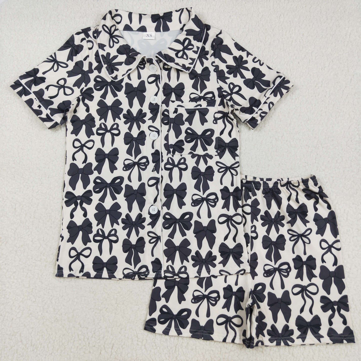 Mama and Me Colorful Bows Pocket Button Top Shorts Pajamas Sets