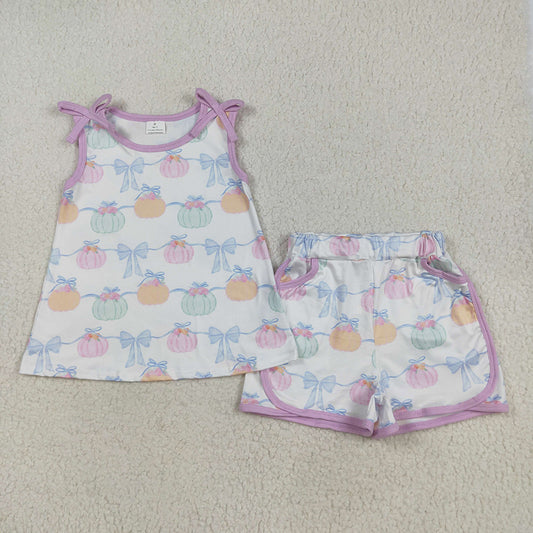 GSSO2668 Colorful Pumpkin Bows Sleeveless Top Pockets Shorts Girls Fall Clothes Set