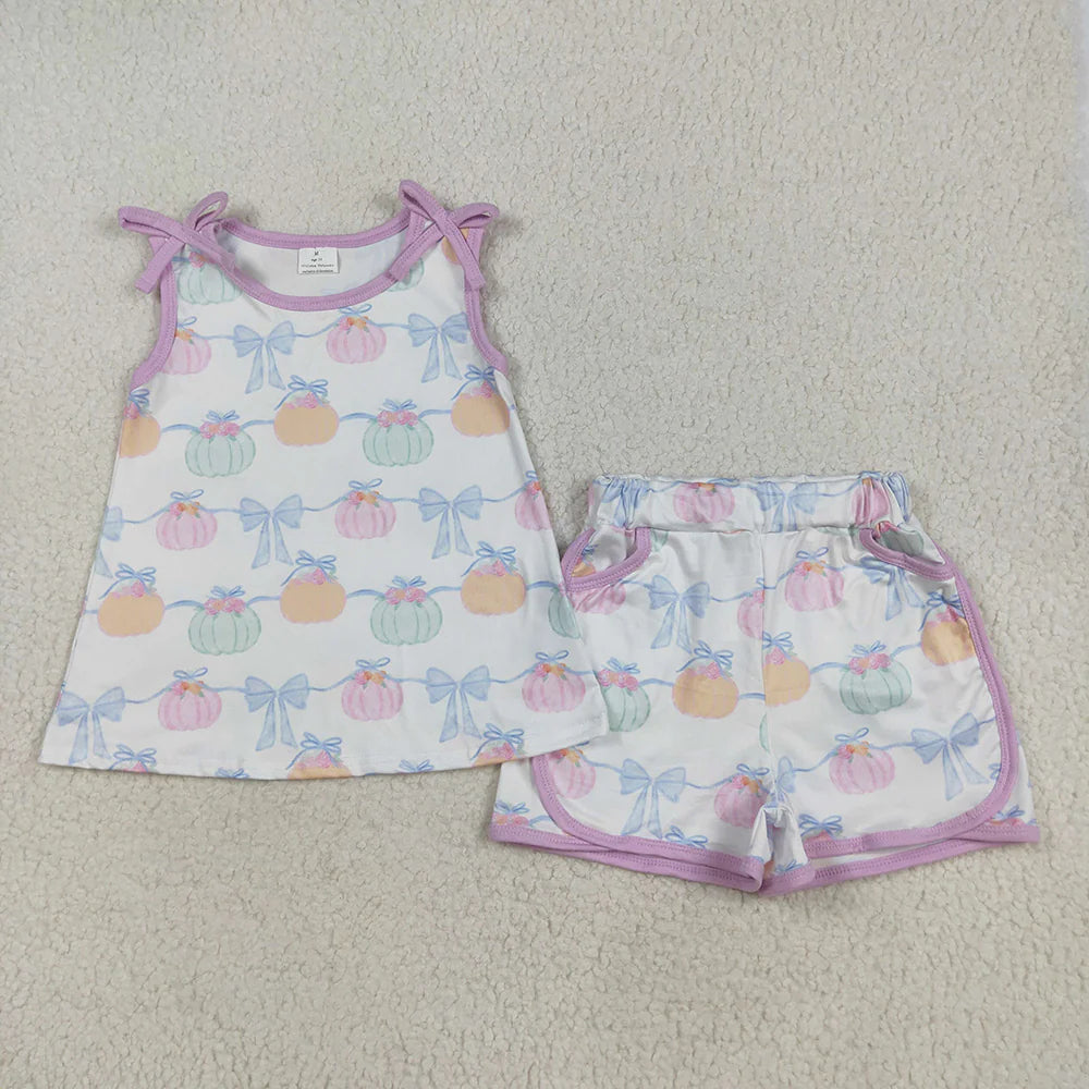 Baby Girls Bows Sleeveless Pumpkins Stripe Tunic Pockets Short Sets
