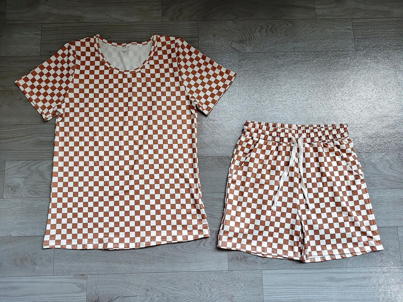 GSSO2680 Preorder Brown Checkered Top Pockets Shorts Woman Summer Clothes Set