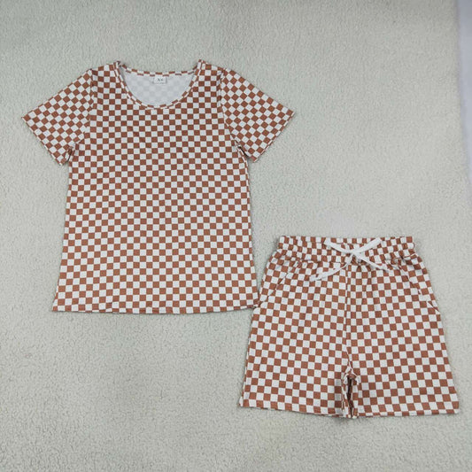 GSSO2680 Brown Checkered Top Pockets Shorts Woman Summer Clothes Set