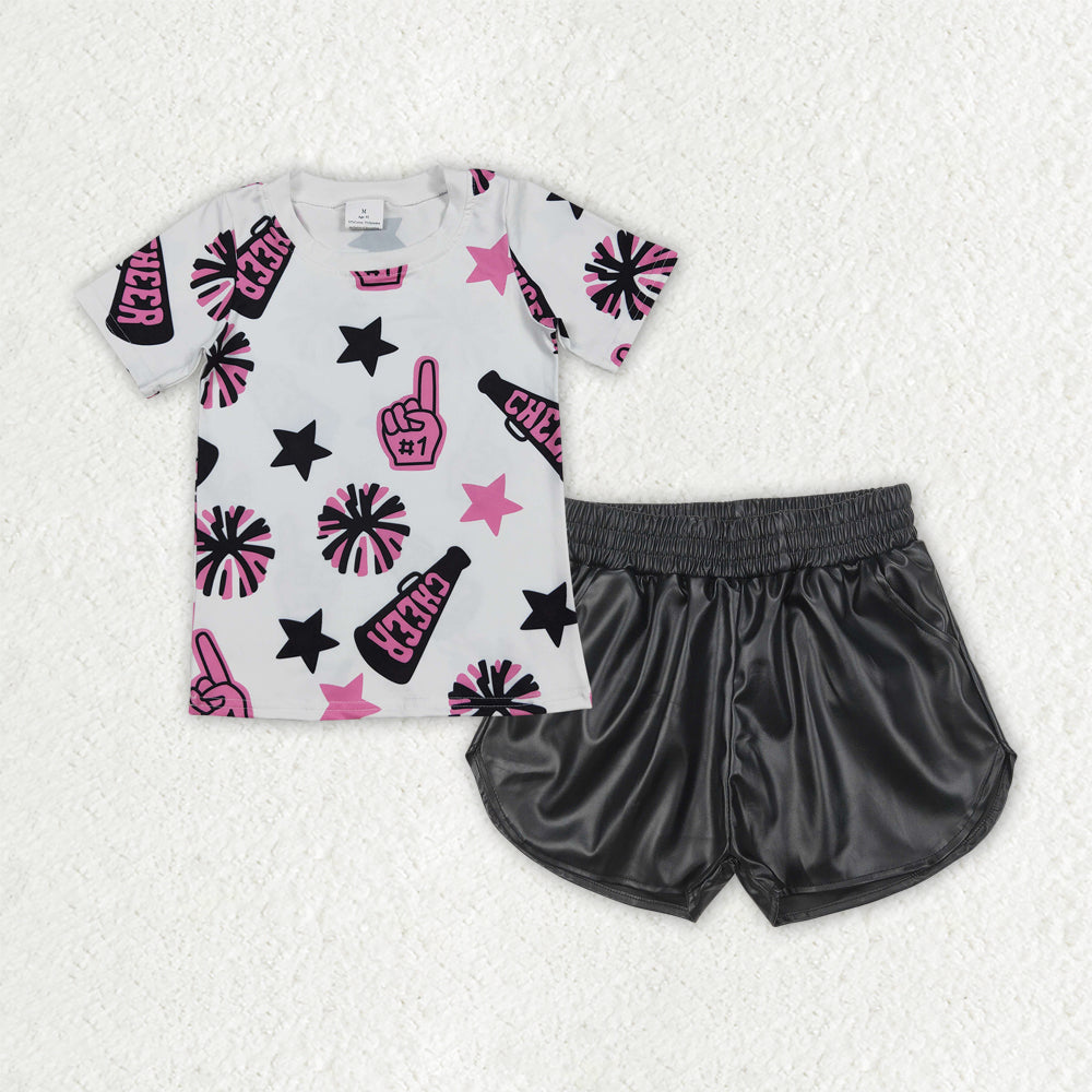 Cheer Team Shirts Top Leather Shorts Girls Summer Clothes Set Sisters Wear