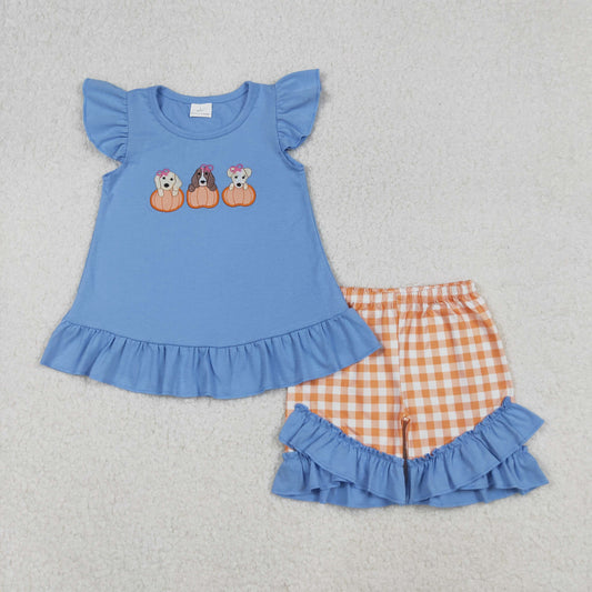 GSSO2700 Dog Pumpkin Embroidery Blue Top Checkered Shorts Girls Fall Clothes Set