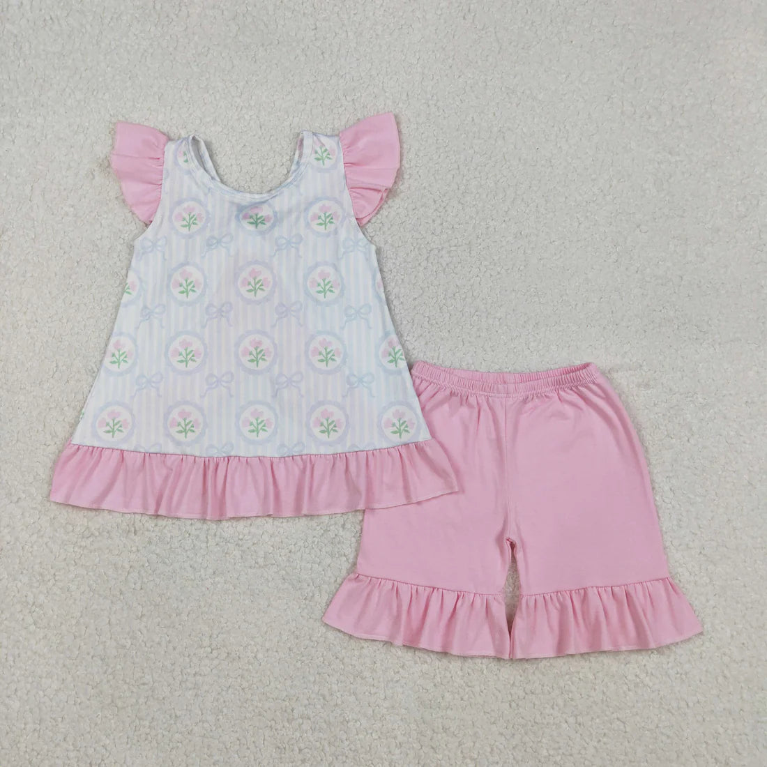 Sibling Baby Girls Flowers Checked Flutter Sleeve Back Bows Tunic Ruffle Shorts Clothes Sets
