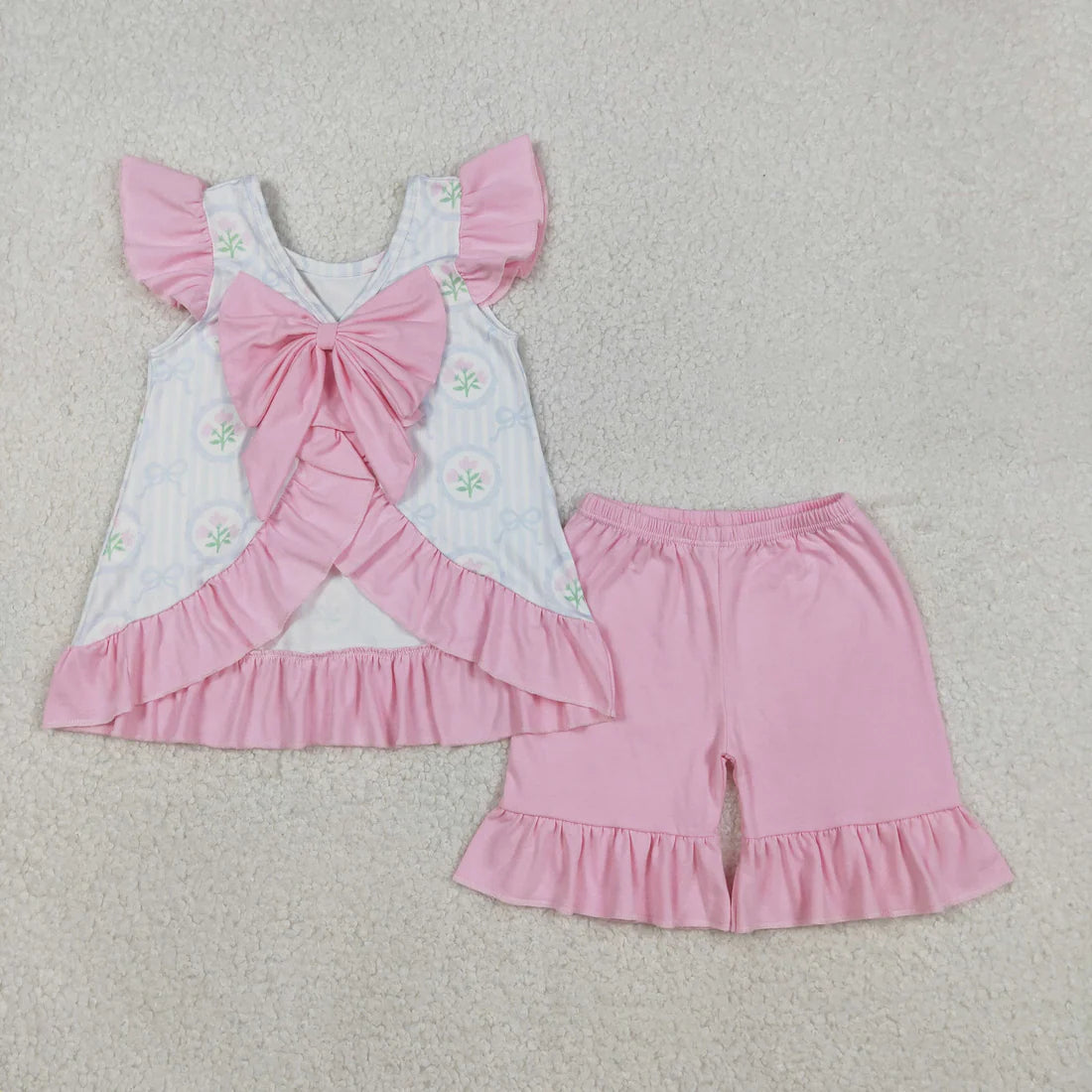 Sibling Baby Girls Flowers Checked Flutter Sleeve Back Bows Tunic Ruffle Shorts Clothes Sets